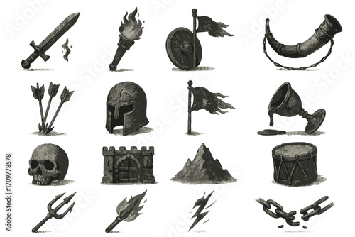 Ancient warfare silhouette icon set. featuring sword, torch, shield, horn, bow, helmet, flag, skull, gate, mountain, cup, drum, trident, thunderbolt, chains.