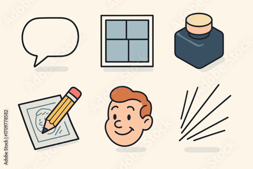 Comics tools flat icon set. featuring speech bubble, grid, ink, sketch, character, and lines