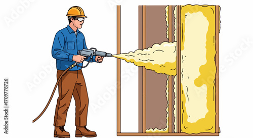 Spray foam insulation being applied to wall studs during construction. Worker applies spray foam insulation,