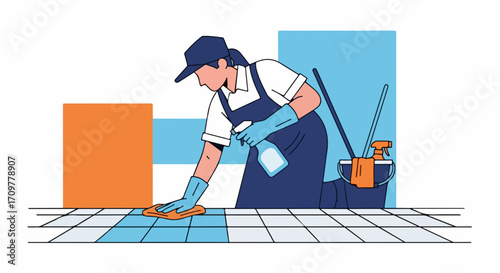 Depiction of cleaning service, woman worker in gloves is wiping floor in bathroom. This cleaning service illustration shows dedication to cleanliness and maintenance.