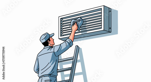 Air conditioning maintenance with service technician on ladder and cleaning air conditioner. Expert doing air conditioning maintenance service. Air conditioning maintenance makes your place better.