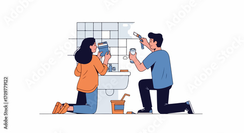 Man and woman performing bathroom remodel, installing tiles on wall. Couple applying adhesive and ceramic, focusing on detailed bathroom remodel. Bathroom remodel concept for DIY guides, design blogs,