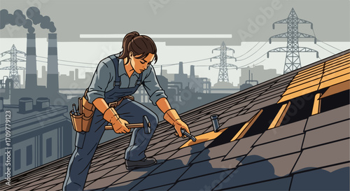 Woman performing roof repair, meticulously fixing shingles on building structure with hammer and nails. Professional roof repair specialist ensures home safety and maintenance.