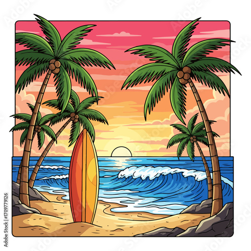Vector illustration of Bali beach with palm trees