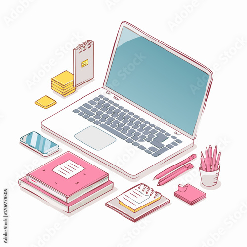 Cute girly desk with laptop, books, notes, stickers. Trendy retro isometry Y2K template for background, banner, poster. Isometric line vector illustration.