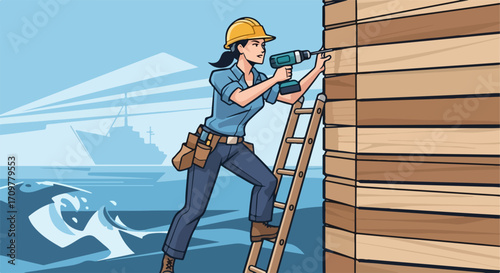 Construction worker at work with power drill near the sea, drilling wood to install planks on an outer wall. Construction worker is dedicated in profession.