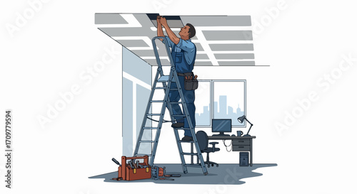 Repairman at work repairs ceiling panels on ladder in office space. Ceiling repairs are essential, as repairman carefully inspects damage and prepares to replace damaged parts.