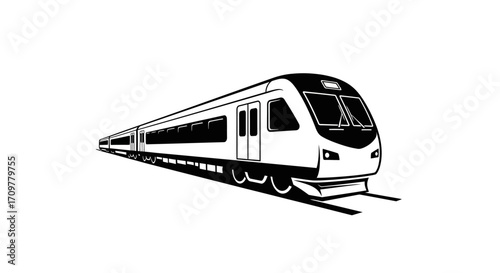 Sleek modern train speeding along tracks on a bright day