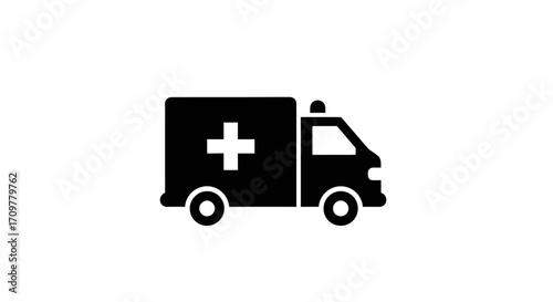 Simple black silhouette of an ambulance with a cross symbol, representing emergency medical services.