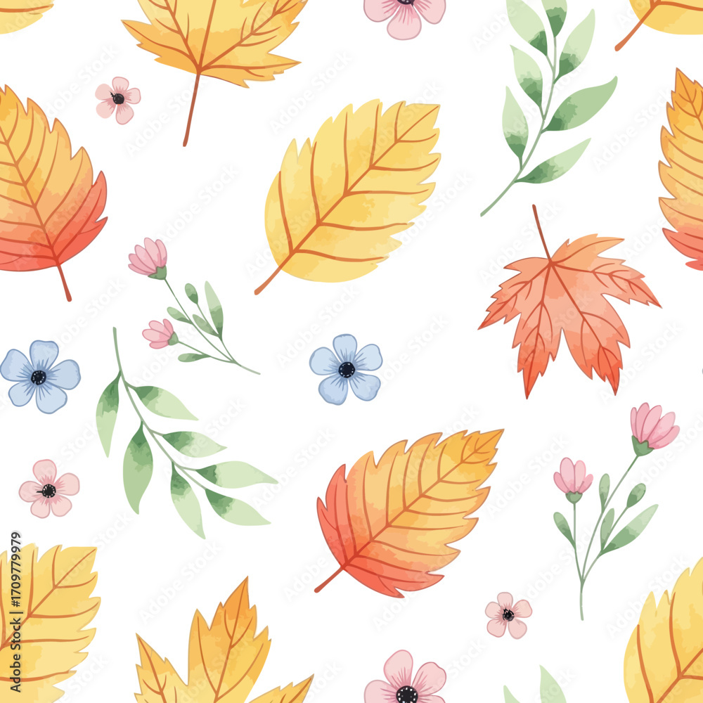 Fototapeta premium A beautiful seamless pattern of hand-painted watercolor autumn leaves and delicate flowers on a clean white background