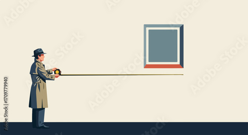 Measuring window accurately with tape measure as man precisely determines distance, gauging window dimensions. Accurately measuring window for renovations, painting,