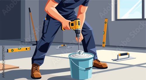 Construction worker mixing in bucket with an electric drill tool. Builder in work clothes kneading putty or plaster for wall using mixer. Concept construction worker, DIY construction and renovation.