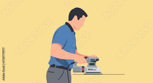 Sanding wood shows man sanding a wooden plank for carpentry, renovation, and home improvement. Sanding wood is vital for a refined project finish.