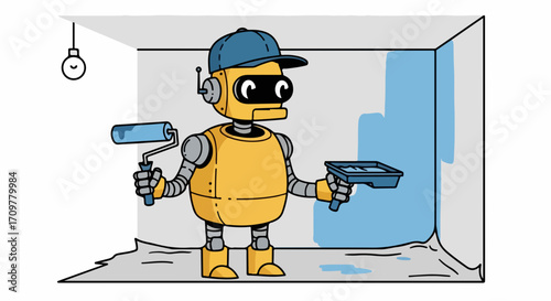 Robot painter at work, painting walls with blue paint. Robot painter with paint roller renovates apartment. Artificial intelligence robot painter concept for home improvement and innovation,
