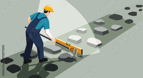 Construction worker leveling stone path with tool, checking for even stones. Construction worker is working on placing stone path, ensuring alignment and balance on steps. Stone path represents goals,