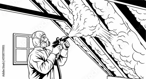 Insulation work illustrated shows worker spraying foam insulation into attic rafters. Insulation work protects home from cold with effective insulation.