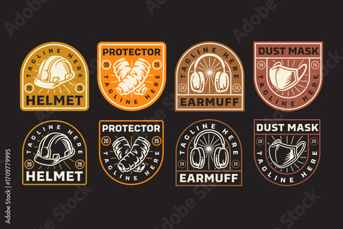 Safety helmet, Earmuffs, Arm protector and Dust mask retro badge logo design set for industrial, construction, workplace safety, workshop, garage, factory. Vector Illustration