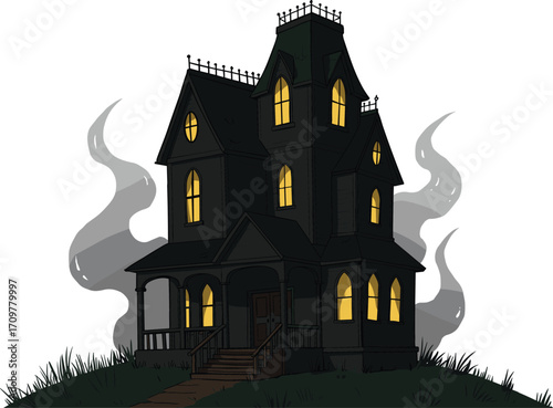 Dark haunted house with glowing windows, smoke, grass, creepy stairs, spooky atmosphere, eerie mansion, Halloween vector, scary abandoned home illustration