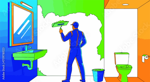 Remodeling bathroom with worker applying wallpaper on bathroom wall, remodeling bathroom to improve residential space. Interior remodeling provides home improvements and better aesthetic.