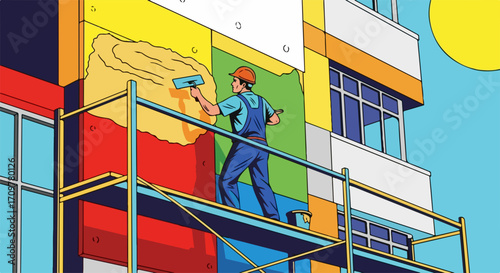 Worker applying colorful plaster to exterior building wall, part of a larger building renovation project. Construction worker on scaffolding performs modern building renovation.