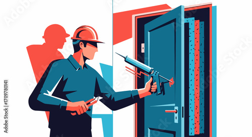 Door installation shown with figure in front of an opened door using tool, wearing safety helmet, and showing how to do door installation. Door installation to ensure quality for buildings and homes,