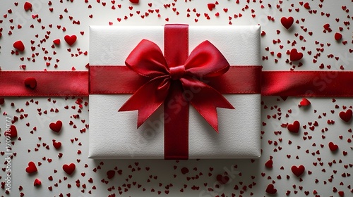 A white gift box tied with a luxurious red satin ribbon and bow scattered with tiny red heart confetti on a white background