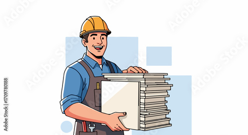 Construction worker smiles while holding stack of documents. Construction worker smiles confidently carrying stack of documents, symbol of organization and competence, in infrastructure management.
