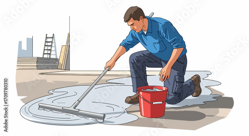 Man mopping floor with squeegee cleaning spills in room. Mopping floor involves hard work of removing standing water, achieving clean and sanitary environment in property.