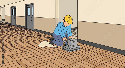 Floor sanding in corridor, showing sanding of parquet blocks. Floor sanding, floor restoration requires specialized machinery, leaving behind dust and requiring ventilation.
