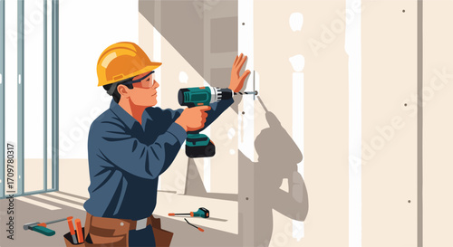 Home renovation showing construction worker drilling into wall, for a home renovation project. Skilled builder is using drill for home renovation,