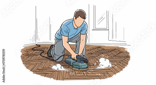 Man sanding floor with sanding machine in room. Sanding floor to restore it, worker is refinishing hardwood floor with orbital sander in home. Professional sanding floor to give it a new shine.