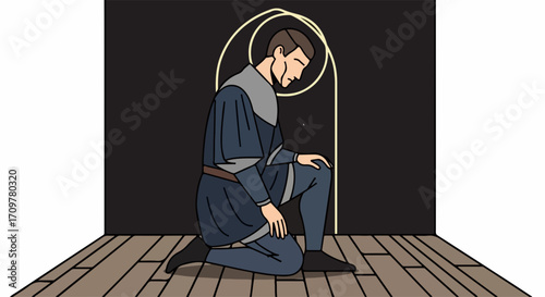 Kneeling man in prayer, illustration of devotion. Kneeling man depicts a moment of contemplation and reverence, figure drawn in medieval style, conveying solemnity and reflection.