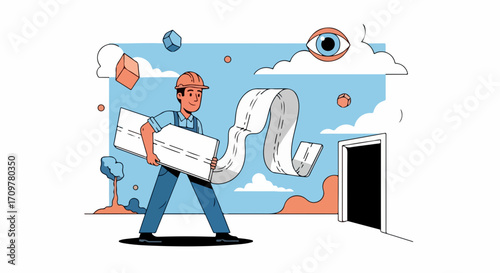 Illustration builder carrying debt with long invoice, standing near open door. Builder, debt and long invoice represent financial responsibility in construction, repairs, or renovation.