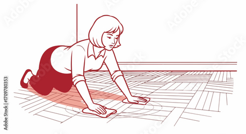 Woman cleaning floor on hands and knees with rag in illustration. Cleaning floor with rag is hard work, showing dedication and commitment to household tasks in domestic life.