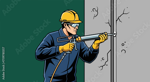 Concrete repair worker carefully repairs cracked wall using injection gun. Concrete repair man is applying epoxy resin mortar, construction worker performing wall maintenance.
