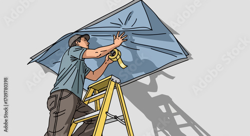Man on ladder applying tarp to ceiling, preparation before painting work. Tarp prevents paint droplets, man in work clothes secures tarp, working with masking tape.