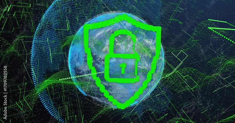 Naklejka premium Showing unlocked padlock icon on neon green pixelated shield over globe in cyberspace, grid lines
