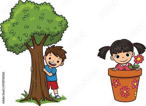 Happy children playing outside, boy hiding behind tree, girl peeking out of flower pot with colorful floral design, joyful, cartoon.