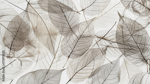 gray skeletons of autumn leaves on a white background, a light backdrop seasonal