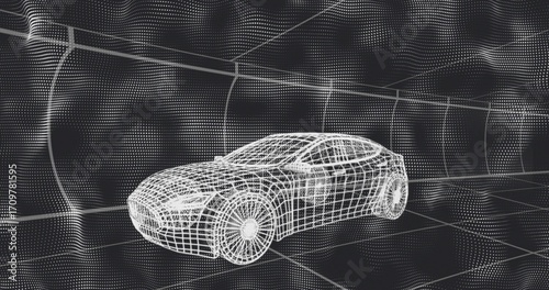 Displaying 3D wireframe car model navigating virtual grid environment, featuring dot mesh walls