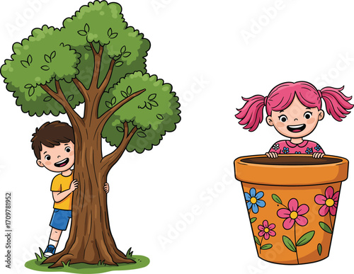Happy children playing outside, boy hiding behind tree, girl peeking out of decorated flower pot, joyful, playful, colorful cartoon scene.
