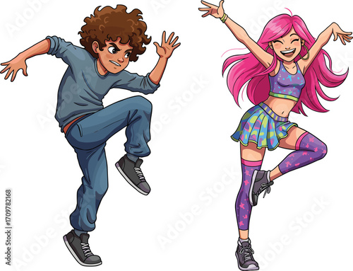 Energetic boy and girl dancing joyfully, colorful outfits, urban street style, active movement, youthful energy, fun expressions, vibrant and playful vibe.