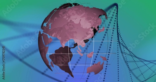 Showing globe with Asia Africa Australia Europe on gradient, with grid overlay, dotted connections