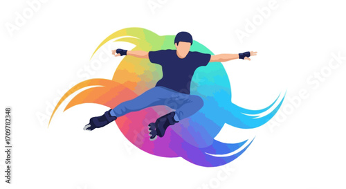 Flat vector illustration of a faceless rollerblader performing a freestyle jump