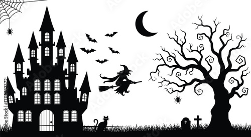 Halloween haunted castle with flying witch, black cat, bats, crescent moon, spooky tree, spider web, graveyard, and eerie night scene.