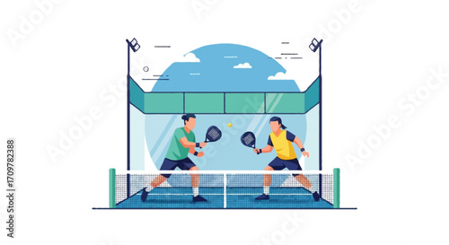 Flat vector illustration of two faceless padel players competing in a padel court