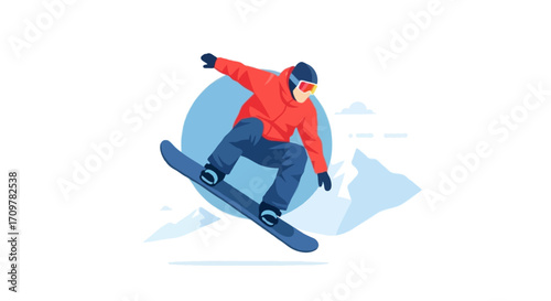 Flat vector illustration of faceless snowboarder doing a jump trick in mid-air