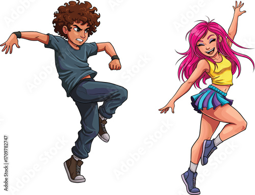 Energetic boy and girl dancing, urban street style, vibrant colors, active movement, casual outfits, youthful energy, fun and dynamic poses.