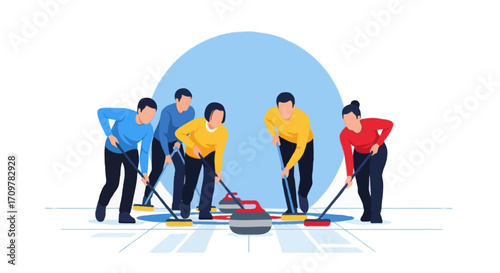 Flat vector illustration of faceless curling team sweeping the ice in front of a stone