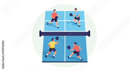 "Flat vector illustration of a faceless padel match viewed from above